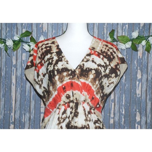 Vince Camuto Brown Orange Dress Size 6 Elastic Waist Pockets V-Neck Cap Sleeves - Picture 2 of 7